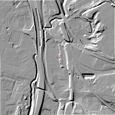 Shaded relief map of the ground around ST41DS, computed from Environment Agency LiDAR. The ground here sits at about 110 m above sea level and falls 28 m across the surrounding 800 m. Surface water reaching this point runs off ground lying to the east-north-east, 2.4 m higher.