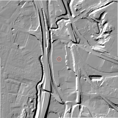 Shaded relief map of the ground around ST41DT, computed from Environment Agency LiDAR. The ground here sits at about 110 m above sea level and falls 22 m across the surrounding 800 m. Surface water reaching this point runs off ground lying to the north-east, 5.2 m higher.