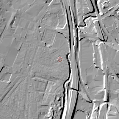 Shaded relief map of the ground around ST41DX, computed from Environment Agency LiDAR. The ground here sits at about 110 m above sea level and falls 16 m across the surrounding 800 m. Surface water reaching this point runs off ground lying to the north-north-west, 1.3 m higher.