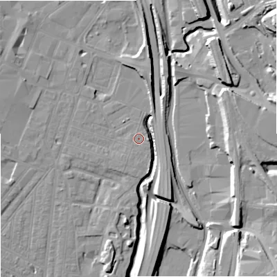 Shaded relief map of the ground around ST41DY, computed from Environment Agency LiDAR. The ground here sits at about 110 m above sea level and falls 17 m across the surrounding 800 m. Surface water reaching this point runs off ground lying to the east-south-east, 1.1 m higher.