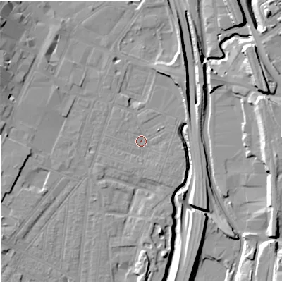 Shaded relief map of the ground around ST41DZ, computed from Environment Agency LiDAR. The ground here sits at about 109 m above sea level and falls 15 m across the surrounding 800 m. Surface water reaching this point runs off ground lying to the east-north-east, 1.3 m higher.