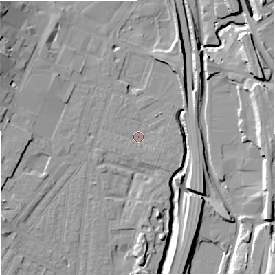 Shaded relief map of the ground around ST41EA, computed from Environment Agency LiDAR. The ground here sits at about 109 m above sea level and falls 16 m across the surrounding 800 m. Surface water reaching this point runs off ground lying to the north-east, 1.3 m higher.