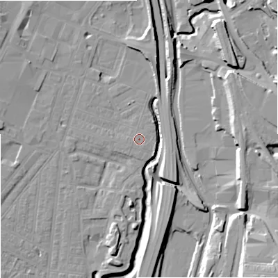 Shaded relief map of the ground around ST41EB, computed from Environment Agency LiDAR. The ground here sits at about 110 m above sea level and falls 20 m across the surrounding 800 m. The ground contributing surface water to this point lies to the south-south-east.