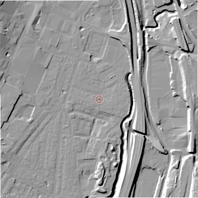 Shaded relief map of the ground around ST41ED, computed from Environment Agency LiDAR. The ground here sits at about 110 m above sea level and falls 17 m across the surrounding 800 m. Surface water reaching this point runs off ground lying to the east-south-east, 1.1 m higher.