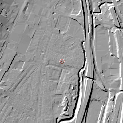 Shaded relief map of the ground around ST41EE, computed from Environment Agency LiDAR. The ground here sits at about 110 m above sea level and falls 18 m across the surrounding 800 m. The ground contributing surface water to this point lies to the east-south-east.