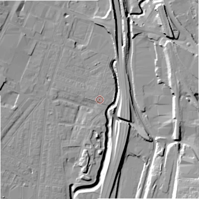 Shaded relief map of the ground around ST41EF, computed from Environment Agency LiDAR. The ground here sits at about 110 m above sea level and falls 22 m across the surrounding 800 m. Surface water reaching this point runs off ground lying to the north-east, 1.2 m higher.