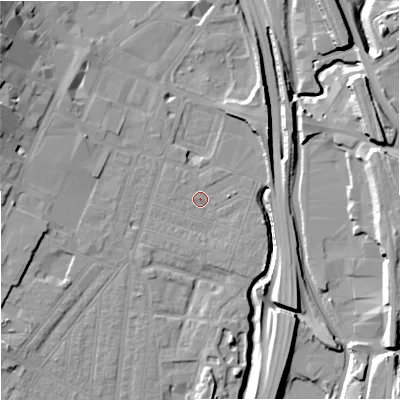 Shaded relief map of the ground around ST41EG, computed from Environment Agency LiDAR. The ground here sits at about 110 m above sea level and falls 16 m across the surrounding 800 m. Surface water reaching this point runs off ground lying to the east, 1.3 m higher.