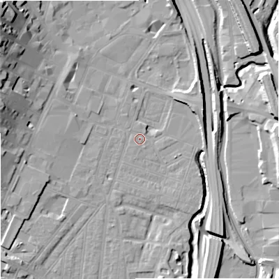 Shaded relief map of the ground around ST41EH, computed from Environment Agency LiDAR. The ground here sits at about 110 m above sea level and falls 22 m across the surrounding 800 m. Surface water reaching this point runs off ground lying to the west-north-west, 4.2 m higher.
