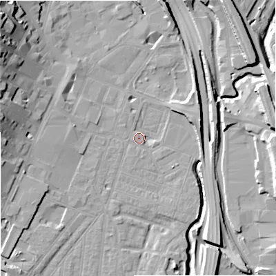 Shaded relief map of the ground around ST41EJ, computed from Environment Agency LiDAR. The ground here sits at about 110 m above sea level and falls 22 m across the surrounding 800 m. Surface water reaching this point runs off ground lying to the west, 4.2 m higher.