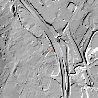 Shaded relief map of the ground around ST41HG, computed from Environment Agency LiDAR. The ground here sits at about 110 m above sea level and falls 15 m across the surrounding 800 m. Surface water reaching this point runs off ground lying to the north-east, 5.1 m higher.