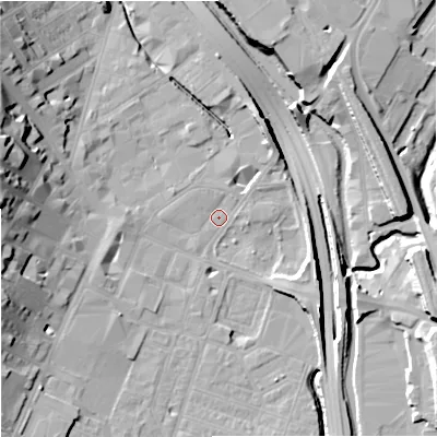 Shaded relief map of the ground around ST41HL, computed from Environment Agency LiDAR. The ground here sits at about 110 m above sea level and falls 21 m across the surrounding 800 m. Surface water reaching this point runs off ground lying to the west-north-west, 20.2 m higher.