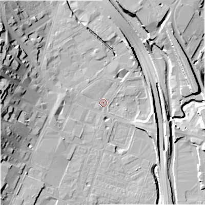 Shaded relief map of the ground around ST41HP, computed from Environment Agency LiDAR. The ground here sits at about 109 m above sea level and falls 25 m across the surrounding 800 m. Surface water reaching this point runs off ground lying to the west-north-west, 23.9 m higher.