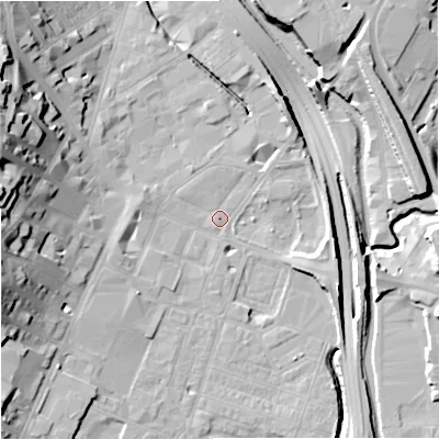 Shaded relief map of the ground around ST41HS, computed from Environment Agency LiDAR. The ground here sits at about 110 m above sea level and falls 25 m across the surrounding 800 m. Surface water reaching this point runs off ground lying to the west-north-west, 24.0 m higher.