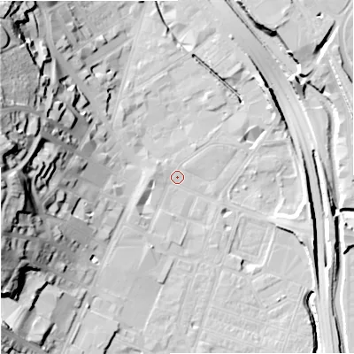 Shaded relief map of the ground around ST41JF, computed from Environment Agency LiDAR. The ground here sits at about 110 m above sea level and falls 39 m across the surrounding 800 m. Surface water reaching this point runs off ground lying to the west, 37.7 m higher.