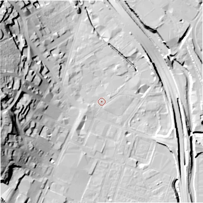 Shaded relief map of the ground around ST41JH, computed from Environment Agency LiDAR. The ground here sits at about 110 m above sea level and falls 39 m across the surrounding 800 m. Surface water reaching this point runs off ground lying to the west, 37.5 m higher.