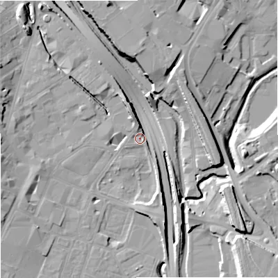 Shaded relief map of the ground around ST41JN, computed from Environment Agency LiDAR. The ground here sits at about 110 m above sea level and falls 14 m across the surrounding 800 m. Surface water reaching this point runs off ground lying to the south-south-east, 8.8 m higher.