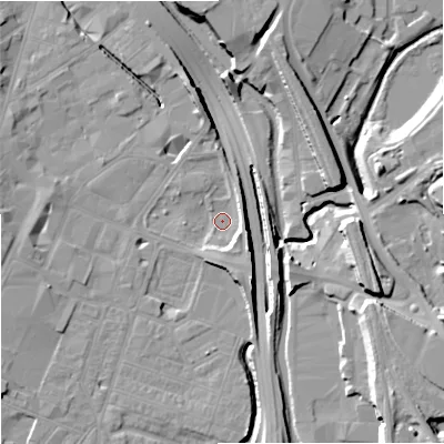 Shaded relief map of the ground around ST41LP, computed from Environment Agency LiDAR. The ground here sits at about 109 m above sea level and falls 15 m across the surrounding 800 m. Surface water reaching this point runs off ground lying to the south-east, 6.0 m higher.