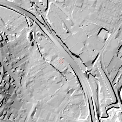 Shaded relief map of the ground around ST41PR, computed from Environment Agency LiDAR. The ground here sits at about 111 m above sea level and falls 25 m across the surrounding 800 m. Surface water reaching this point runs off ground lying to the north-east, 1.3 m higher.
