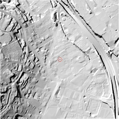 Shaded relief map of the ground around ST41QE, computed from Environment Agency LiDAR. The ground here sits at about 110 m above sea level and falls 46 m across the surrounding 800 m. Surface water reaching this point runs off ground lying to the west-south-west, 1.3 m higher.