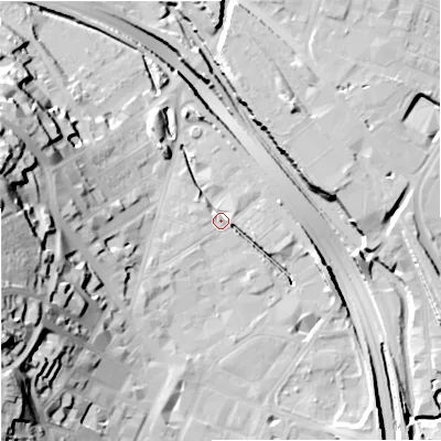 Shaded relief map of the ground around ST41QG, computed from Environment Agency LiDAR. The ground here sits at about 111 m above sea level and falls 40 m across the surrounding 800 m. Surface water reaching this point runs off ground lying to the west-south-west, 32.3 m higher.