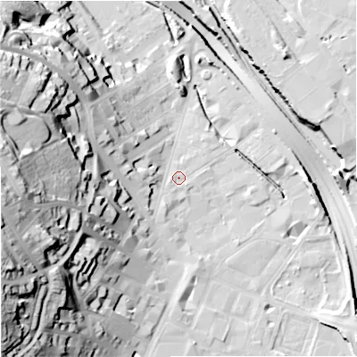 Shaded relief map of the ground around ST41QQ, computed from Environment Agency LiDAR. The ground here sits at about 111 m above sea level and falls 50 m across the surrounding 800 m. Surface water reaching this point runs off ground lying to the south-south-west, 1.8 m higher.