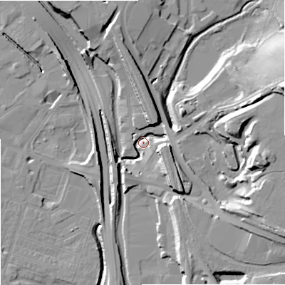 Shaded relief map of the ground around ST42AG, computed from Environment Agency LiDAR. The ground here sits at about 109 m above sea level and falls 25 m across the surrounding 800 m. Surface water reaching this point runs off ground lying to the east-north-east, 23.9 m higher.