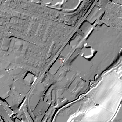 Shaded relief map of the ground around ST42DF, computed from Environment Agency LiDAR. The ground here sits at about 113 m above sea level and falls 25 m across the surrounding 800 m. Surface water reaching this point runs off ground lying to the north-west, 3.9 m higher.