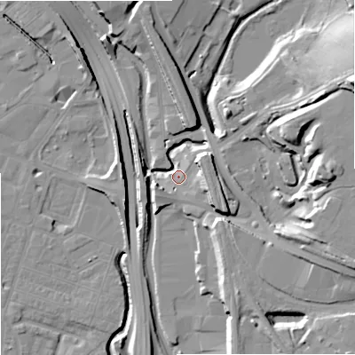 Shaded relief map of the ground around ST42DH, computed from Environment Agency LiDAR. The ground here sits at about 110 m above sea level and falls 25 m across the surrounding 800 m. Surface water reaching this point runs off ground lying to the east-north-east, 23.9 m higher.