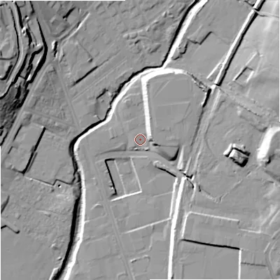 Shaded relief map of the ground around ST42DW, computed from Environment Agency LiDAR. The ground here sits at about 115 m above sea level and falls 27 m across the surrounding 800 m. Surface water reaching this point runs off ground lying to the north-east, 7.7 m higher.