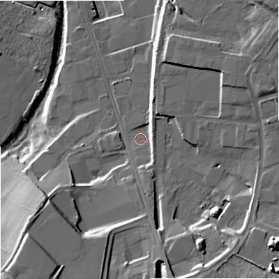 Shaded relief map of the ground around ST42HS, computed from Environment Agency LiDAR. The ground here sits at about 116 m above sea level and falls 24 m across the surrounding 800 m. Surface water reaching this point runs off ground lying to the south-south-east, 15.1 m higher.