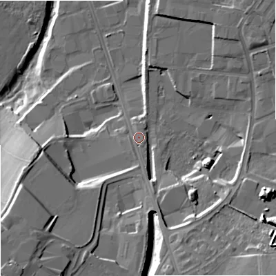 Shaded relief map of the ground around ST42HU, computed from Environment Agency LiDAR. The ground here sits at about 120 m above sea level and falls 26 m across the surrounding 800 m. Surface water reaching this point runs off ground lying to the south-west, 13.7 m higher.