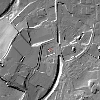 Shaded relief map of the ground around ST42JY, computed from Environment Agency LiDAR. The ground here sits at about 124 m above sea level and falls 30 m across the surrounding 800 m. Surface water reaching this point runs off ground lying to the south-south-east, 5.1 m higher.