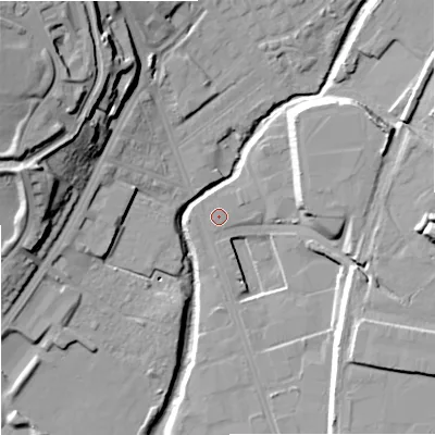 Shaded relief map of the ground around ST42NA, computed from Environment Agency LiDAR. The ground here sits at about 114 m above sea level and falls 32 m across the surrounding 800 m. Surface water reaching this point runs off ground lying to the east-south-east, 12.5 m higher.