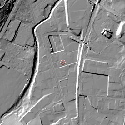 Shaded relief map of the ground around ST42NG, computed from Environment Agency LiDAR. The ground here sits at about 114 m above sea level and falls 24 m across the surrounding 800 m. Surface water reaching this point runs off ground lying to the south-south-east, 1.1 m higher.
