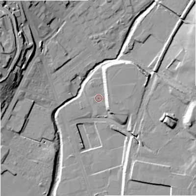 Shaded relief map of the ground around ST42NL, computed from Environment Agency LiDAR. The ground here sits at about 115 m above sea level and falls 27 m across the surrounding 800 m. Surface water reaching this point runs off ground lying to the east-north-east, 7.5 m higher.