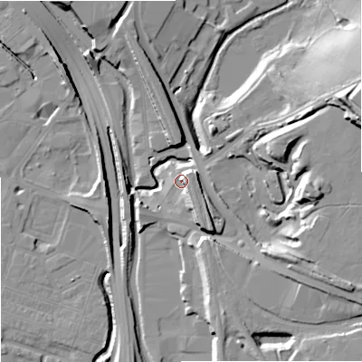 Shaded relief map of the ground around ST42RP, computed from Environment Agency LiDAR. The ground here sits at about 114 m above sea level and falls 27 m across the surrounding 800 m. Surface water reaching this point runs off ground lying to the south-east, 7.0 m higher.