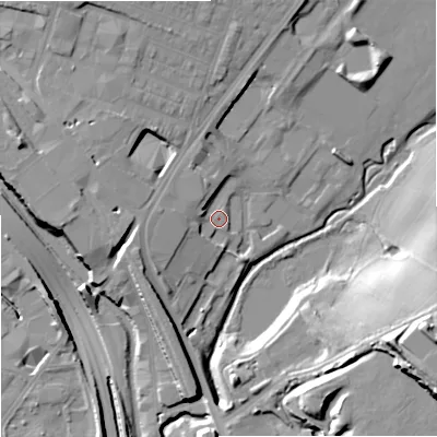 Shaded relief map of the ground around ST42XQ, computed from Environment Agency LiDAR. The ground here sits at about 112 m above sea level and falls 28 m across the surrounding 800 m. Surface water reaching this point runs off ground lying to the west, 4.7 m higher.