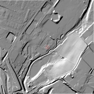 Shaded relief map of the ground around ST42YJ, computed from Environment Agency LiDAR. The ground here sits at about 111 m above sea level and falls 28 m across the surrounding 800 m. Surface water reaching this point runs off ground lying to the north-west, 12.6 m higher.