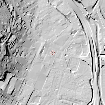 Shaded relief map of the ground around ST44AA, computed from Environment Agency LiDAR. The ground here sits at about 110 m above sea level and falls 39 m across the surrounding 800 m. Surface water reaching this point runs off ground lying to the west, 0.5 m higher.