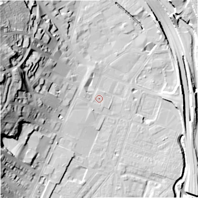 Shaded relief map of the ground around ST44AD, computed from Environment Agency LiDAR. The ground here sits at about 111 m above sea level and falls 42 m across the surrounding 800 m. Surface water reaching this point runs off ground lying to the west-south-west, 0.7 m higher.