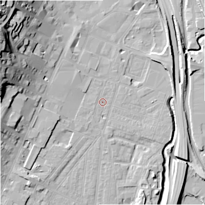 Shaded relief map of the ground around ST44AH, computed from Environment Agency LiDAR. The ground here sits at about 110 m above sea level and falls 37 m across the surrounding 800 m. The ground contributing surface water to this point lies to the west-north-west.