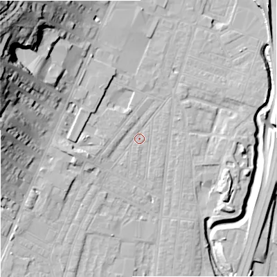 Shaded relief map of the ground around ST44AR, computed from Environment Agency LiDAR. The ground here sits at about 109 m above sea level and falls 45 m across the surrounding 800 m. Surface water reaching this point runs off ground lying to the west-north-west, 28.0 m higher.