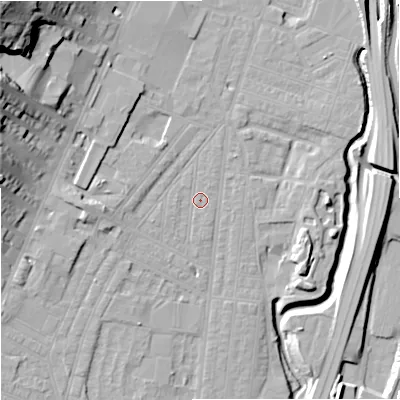 Shaded relief map of the ground around ST44AS, computed from Environment Agency LiDAR. The ground here sits at about 109 m above sea level and falls 37 m across the surrounding 800 m. Surface water reaching this point runs off ground lying to the north-west, 30.8 m higher.