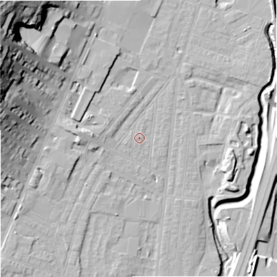 Shaded relief map of the ground around ST44AX, computed from Environment Agency LiDAR. The ground here sits at about 109 m above sea level and falls 41 m across the surrounding 800 m. Surface water reaching this point runs off ground lying to the north-north-east, 0.6 m higher.