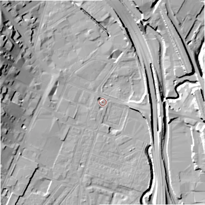 Shaded relief map of the ground around ST44BT, computed from Environment Agency LiDAR. The ground here sits at about 109 m above sea level and falls 22 m across the surrounding 800 m. Surface water reaching this point runs off ground lying to the west-north-west, 20.5 m higher.