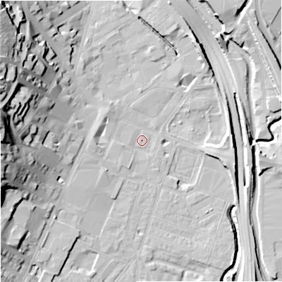 Shaded relief map of the ground around ST44DF, computed from Environment Agency LiDAR. The ground here sits at about 110 m above sea level and falls 33 m across the surrounding 800 m. Surface water reaching this point runs off ground lying to the west-south-west, 1.8 m higher.