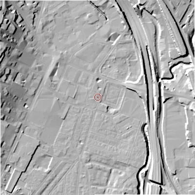 Shaded relief map of the ground around ST44DN, computed from Environment Agency LiDAR. The ground here sits at about 110 m above sea level and falls 25 m across the surrounding 800 m. Surface water reaching this point runs off ground lying to the west, 4.2 m higher.