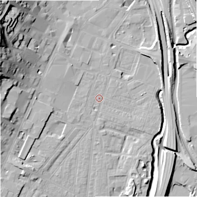 Shaded relief map of the ground around ST44DP, computed from Environment Agency LiDAR. The ground here sits at about 110 m above sea level and falls 32 m across the surrounding 800 m. Surface water reaching this point runs off ground lying to the north-north-east, 0.6 m higher.