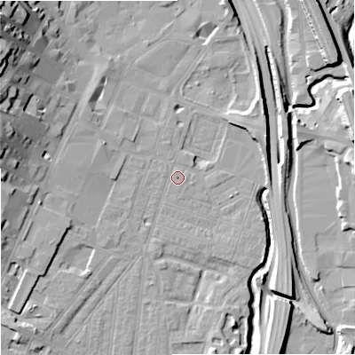 Shaded relief map of the ground around ST44DR, computed from Environment Agency LiDAR. The ground here sits at about 110 m above sea level and falls 25 m across the surrounding 800 m. Surface water reaching this point runs off ground lying to the east-south-east, 2.0 m higher.