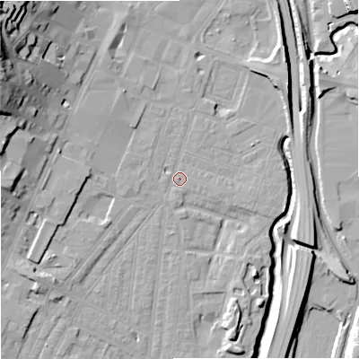 Shaded relief map of the ground around ST44DT, computed from Environment Agency LiDAR. The ground here sits at about 110 m above sea level and falls 31 m across the surrounding 800 m. Surface water reaching this point runs off ground lying to the east-south-east, 0.8 m higher.